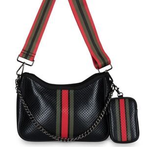 Stylish Haute Shore Black Crossbody Bag with Red and Green Stripes. Like new!